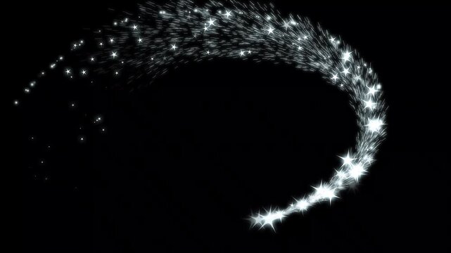 retro vector stars and dots, particle magic tail sparkling glitter, Glowing starlight glitter sparkle path, white twinkling doodle motion, glitter line transition on black background. 4k video