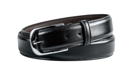 Close-up of a single black leather belt with a chrome metal buckle isolated on a white background for men's fashion accessory