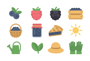 Garden harvest icons: berries, basket, jam jar, pie, sun, tools, and leaves