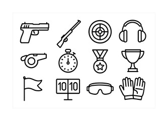 Shooting sports icons: pistol, rifle, target, headphones, whistle, stopwatch, medal, trophy
