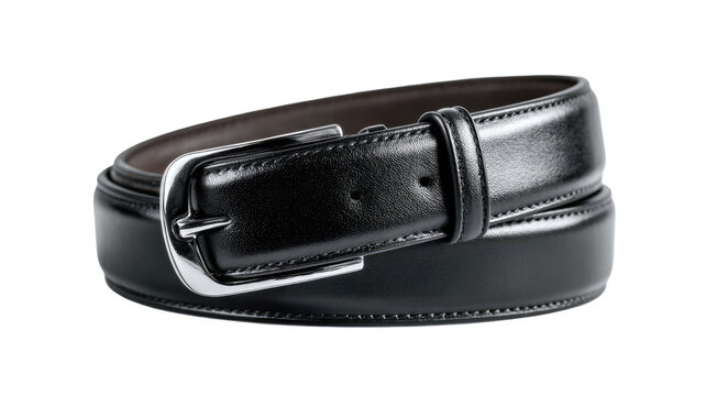 Close-up of a single black leather belt with a chrome metal buckle isolated on a white background for men's fashion accessory