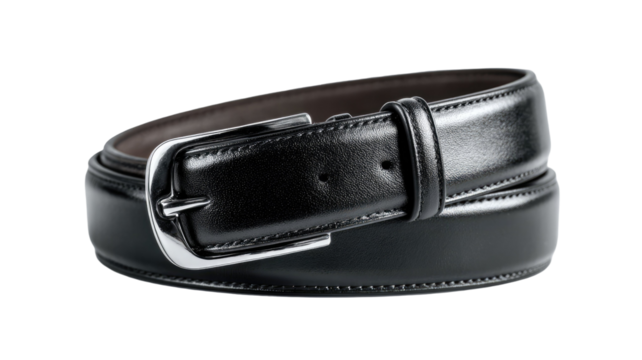 Close-up of a single black leather belt with a chrome metal buckle isolated on a white background for men's fashion accessory