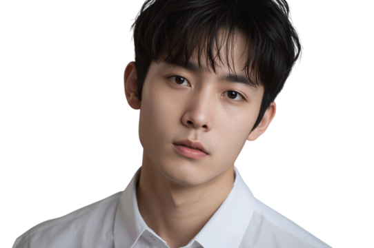 Close-up portrait of a young east asian man with a neutral expression