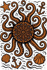 Marine Octopus Illustration Anchor & Waves