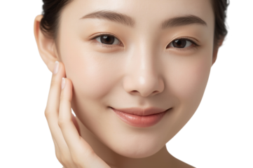 Young asian woman smiling gently, hand touching soft radiant skin