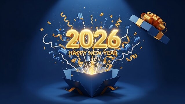 Bright 2026 new year celebration with exploding confetti and gift box