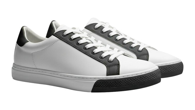 Pair of white leather sneakers with black accents isolated on transparent background