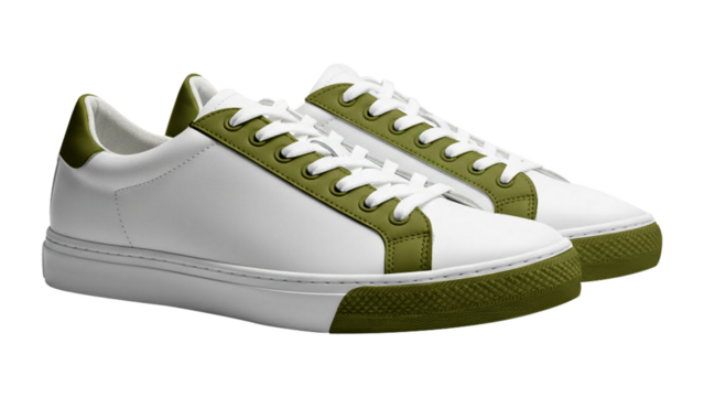 Pair of stylish white sneakers with olive green accents isolated on transparent background
