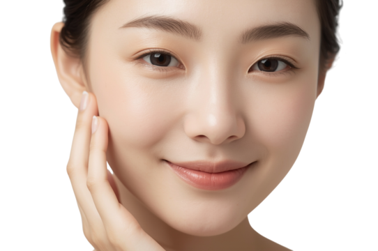 Young asian woman smiling gently, hand touching soft radiant skin