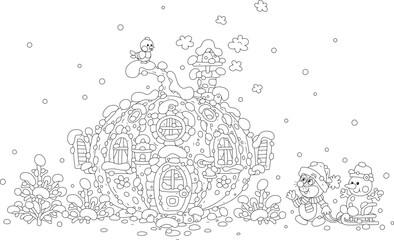 Cute little mole pulling a sledge with a funny toy snowman and talking to a small bird perching on a top of a snow-covered pumpkin house on a beautiful winter day, vector cartoon illustration