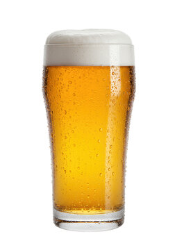 pristine nonic pint glass mug filled 3/4 with brilliant golden lager, topped with creamy white foam and cold condensation, isolated on a transparent background. concept for premium beer advertising