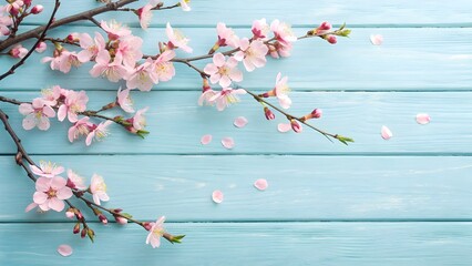 Cherry Blossoms on Pale Blue Wood for Spring
Delicate Pink Petals on a Rustic Aqua Background