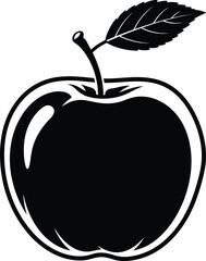 Classic Black and White Apple Vector Icon: Glossy Silhouette of Fruit with Detailed Textured Leaf and Stem – Simple Monochrome Symbol for Healthy Eating, Education, Organic Food, and Nature Design.