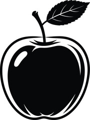 Monochrome Black Apple Silhouette Vector Icon: Shiny Glossy Fruit with Stem and Leaf – Simple Modern Design Symbolizing Healthy Food, Organic Nutrition, Education, Nature, and Freshness Graphic.