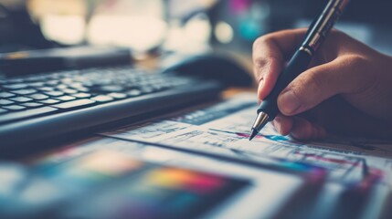 Person writing on paper with pen near computer keyboard and colorful documents