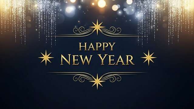 Elegant happy new year greeting with golden stars and bokeh lights
