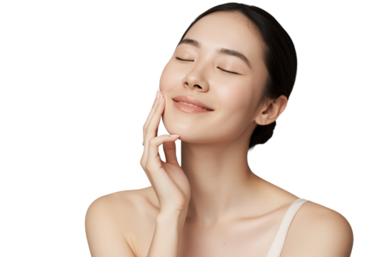 Young asian woman feeling her soft skin with closed eyes, serene