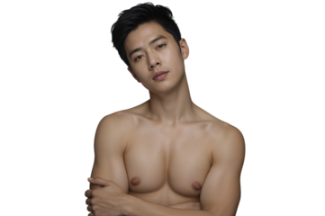 Young asian man with toned body posing confidently, looking directly