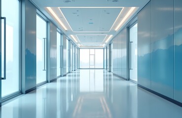 Obraz premium Long empty modern hospital corridor, quiet ambiance. Clean bright clinic hallway interior, gleaming floor reflects ceiling light, open space. Medical center passage many glass doors, contemporary