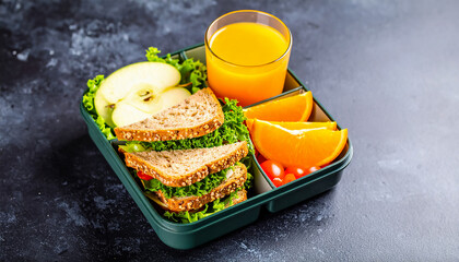 Healthy lunchbox sandwich apple orange juice food nutrition
