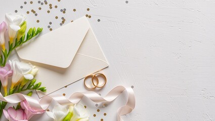 Elegant wedding invitation envelope surrounded by fresh flowers, golden confetti, and wedding rings on a textured white background, creating a romantic celebration atmosphere