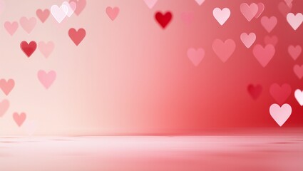 Colorful hearts in various shades of red and pink are floating against a soft gradient background, creating a romantic atmosphere perfect for love-themed designs and celebrations