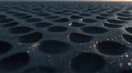 A close-up view of a textured surface with a dark blue hue and a pattern of small, circular depressions.