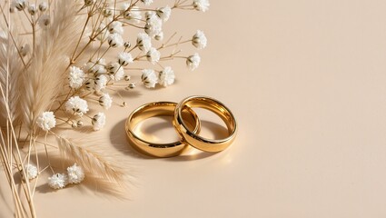 Two elegant gold wedding rings placed on a soft beige surface, surrounded by delicate white flowers and dried grass, symbolizing love and commitment in a romantic setting