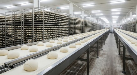 Bread dough being transported on a conveyor belt in a bakery factory