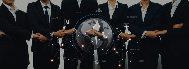 A group of business professionals shaking hands symbolizes collaboration and innovation, set against a digital world map showcasing advancements in technology and AI. Trope
