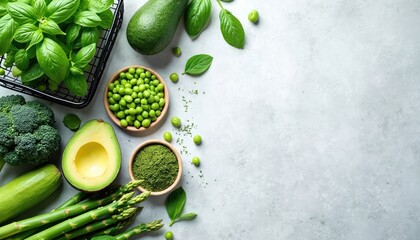 Fresh green food on light background. Raw vegetables, fruits, herbs like avocado, basil, peas, broccoli, zucchini, asparagus. Matcha powder shows healthy plant-based ingredients for vegan diet,
