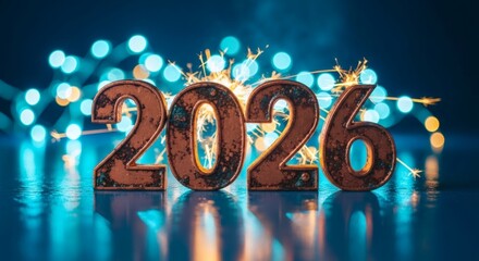 Festive New Year 2026 celebration background featuring rusty metallic numbers with golden sparklers and blue bokeh