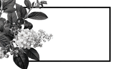 Elegant black and white vintage floral frame illustration with rose blossoms and leaves border vector design