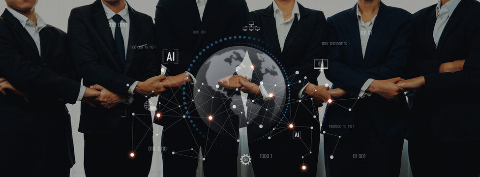 A group of business professionals shaking hands symbolizes collaboration and innovation, set against a digital world map showcasing advancements in technology and AI. Trope - Powered by Adobe