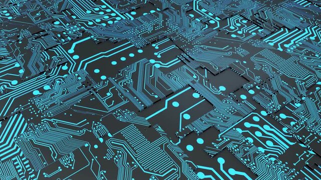 Block chain data processing animation over digital computer circuit board. Circuit Boards With Connection Lines. Microchip microprocessor technology.