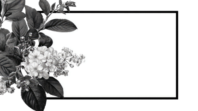 Elegant black and white vintage floral frame illustration with rose blossoms and leaves border vector design