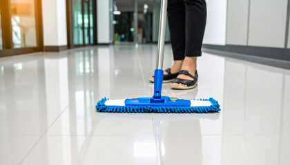 Woman cleaning floor with mop cleaning service floor cleaning
