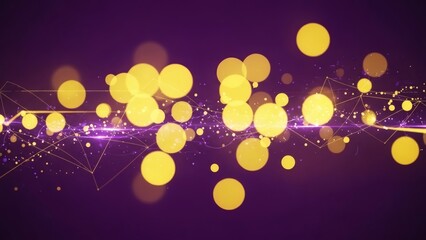 Elegant digital abstract background featuring luminous golden bokeh circles and a flowing purple particle plexus