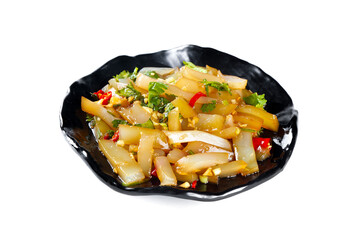 Chinese Stir-Fried Potato Pea Meal on Black Plate