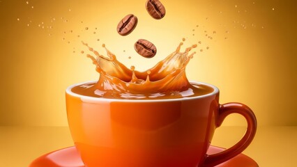 Three coffee bean splash into an orange cup filled with hot coffee against a warm yellow background in a dynamic studio shot