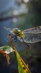 Dragonfly perched on a dried leaf, wings glistening in sunlight, bokeh background