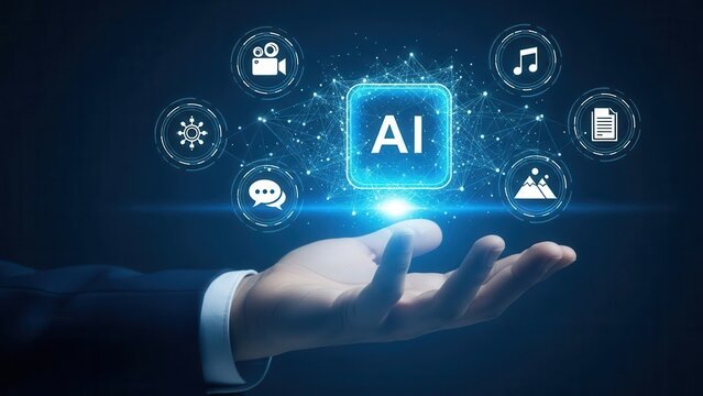 Hand presenting artificial intelligence AI concept with digital icons