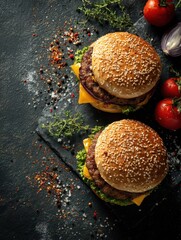 fresh burgers american fast food assorted of two pieces modern hard light dark shadow scattered spices black stone concrete background top view no logos no brands ar 34