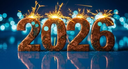 Celebrating the arrival of the New Year 2026 with golden burning sparklers and a festive blue bokeh background