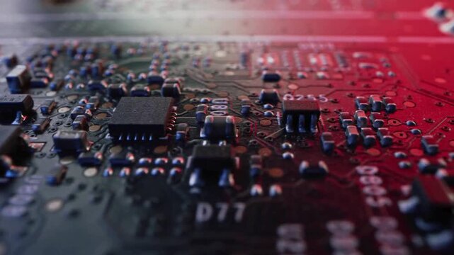 Big data information flowing through computer circuit board, close up. CPU microprocessor in motherboard. Network server, computer, and Circuit Board.