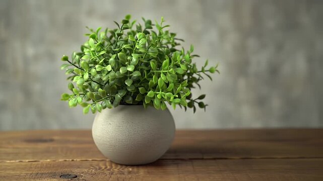 Green Potted Plant in Gray Round Container on Wooden Table Top