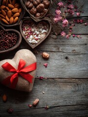 Fototapeta premium valentines day background gift concept mothers day romance or 8 march pleasant top view copy space for text food background rustic no logos no brands ar 34
