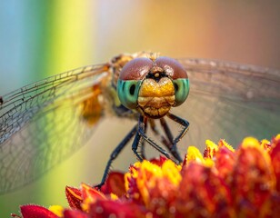 Dragonfly perched on a flower, shot with a vibrant blurred background, eye-level view