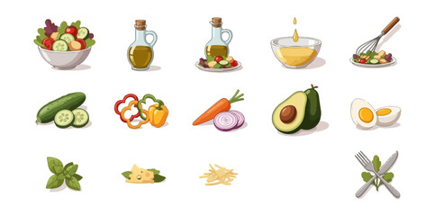 Fresh salad ingredients and preparation illustrated