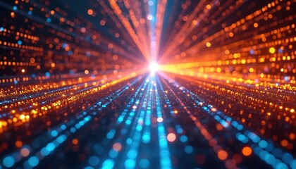 Abstract digital light paths illuminate with bright orange, blue particles. High speed data flow occurs in modern tech network grid. Information transfer happens quickly across global internet